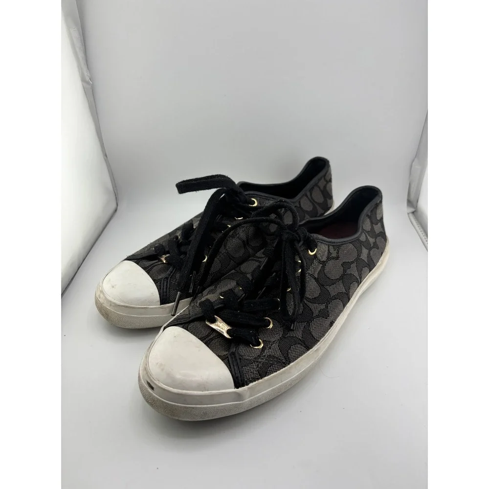 Coach Womens Signature Monogram Low Top Sneakers Black Grey Gold Size 11